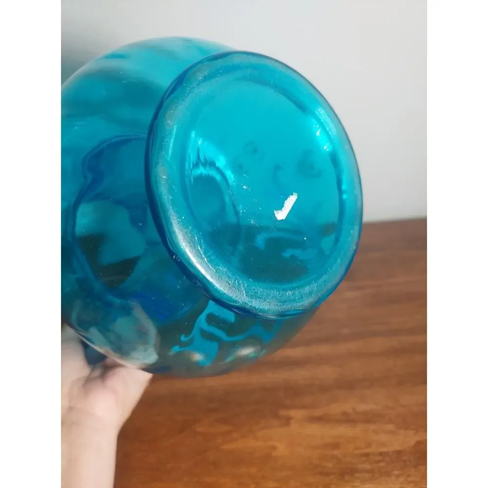 Antique Victorian / Ruffled Paneled Blue Glass PITCHER / Hand Painted Flowers
